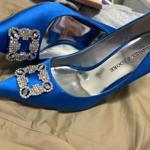 Audrey Brooke Blue and Silver Heels with Crystal Buckle